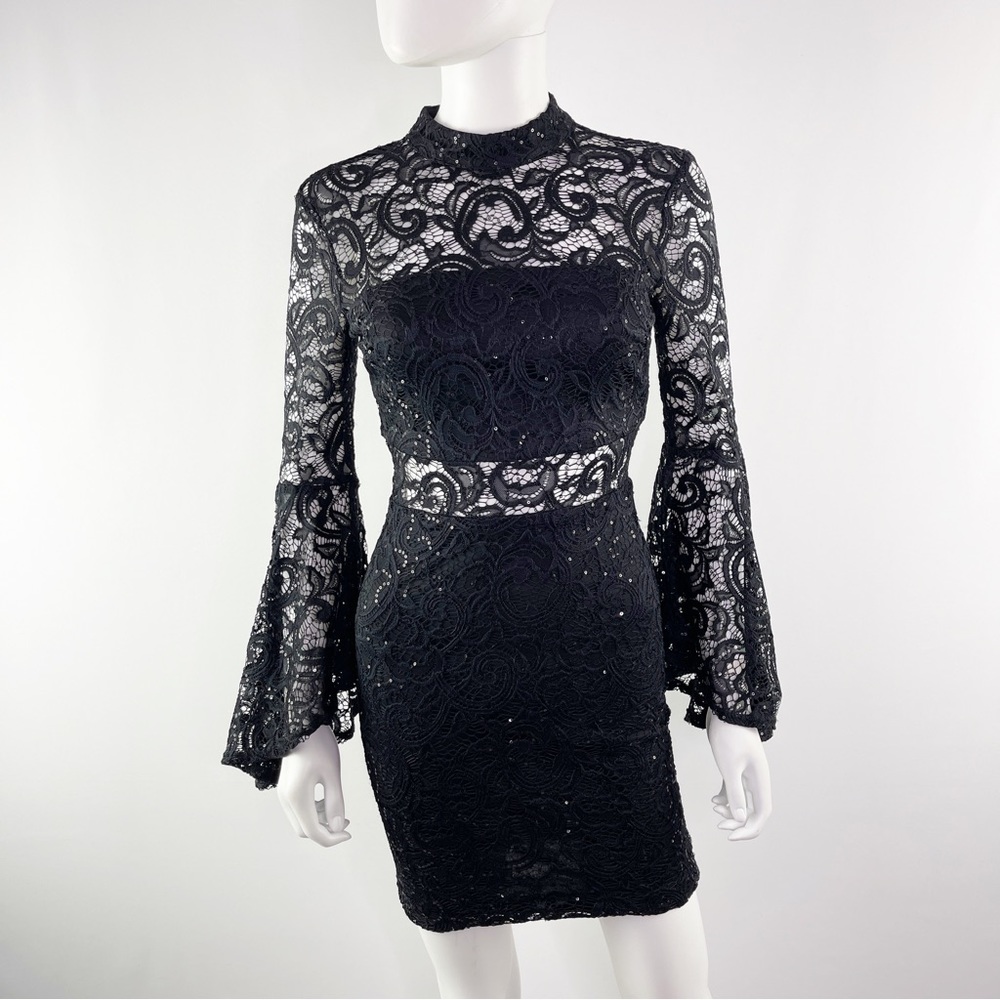 Jodi Kristopher Women's Black Lace Sequin Mini Dress with Flare Sleeves Size XS - Picture 2 of 11